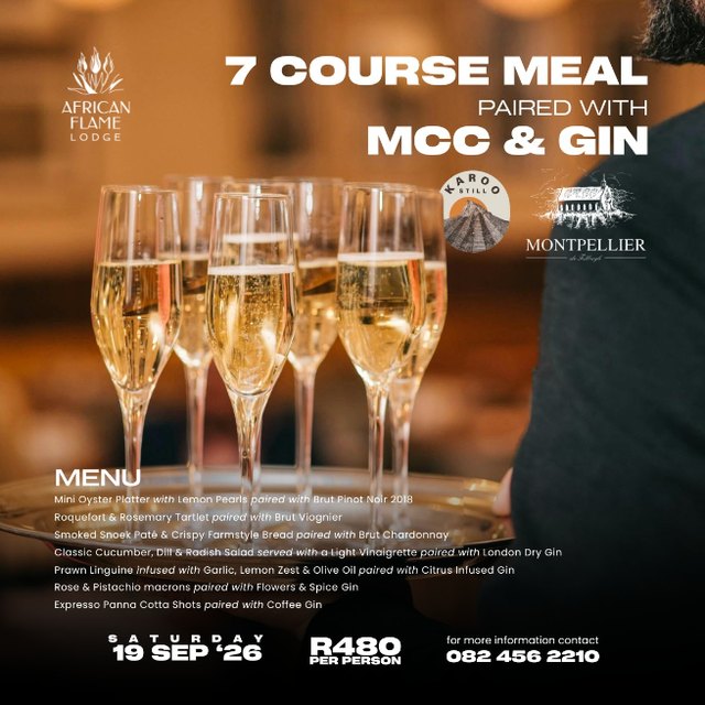 Seven-course meal paired with MCC and gin – African Flame Lodge Facebook post