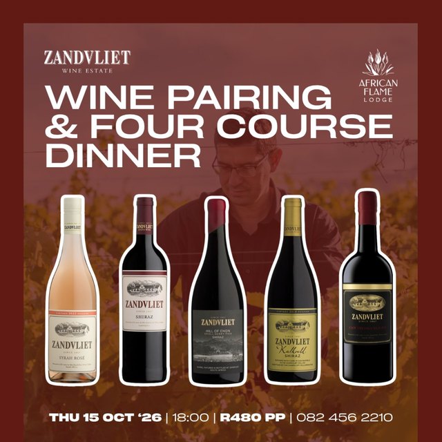 Zandvliet wine pairing and four-course dinner – African Flame Lodge Facebook post