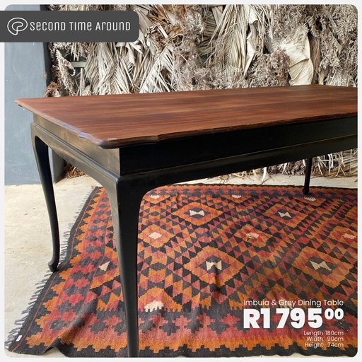 Imbuia and grey dining table – product post designed by Meerkat Mango for Second Time Around