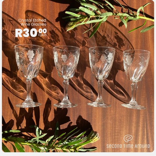 Crystal etched wine glasses – product post designed by Meerkat Mango for Second Time Around